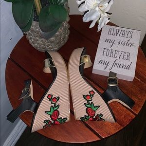 Mexican Black Leather Wedges Sandals Handmade